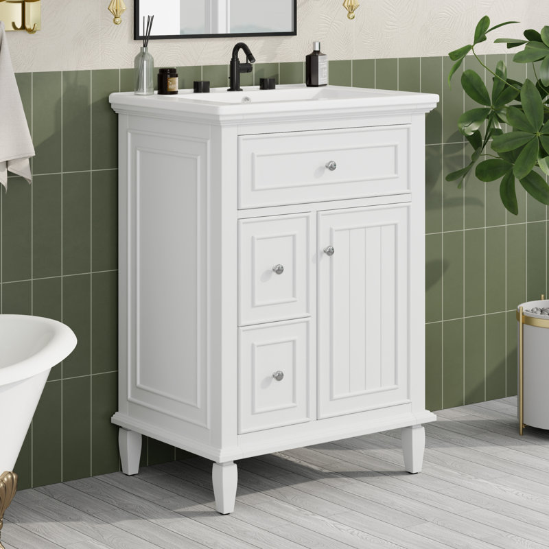 Modern Compact Vanity With Sink, Solid Wood And Mdf, Space-saving Design