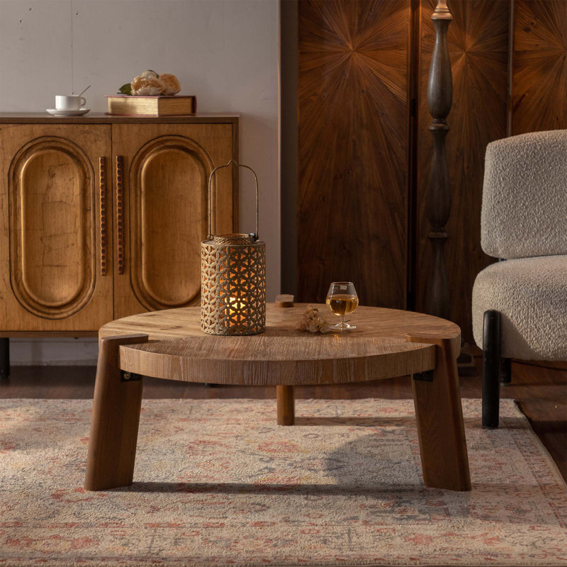 Table basse ronde en bois pour le salon, assemblage facile, conception rustique avec sécurité anti-collision