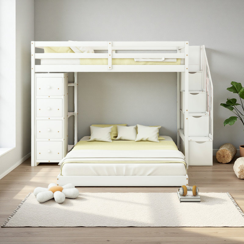 Twin Over Full Bunk Bed With 3-Layer Shelves, Drawers And Storage Stairs, White