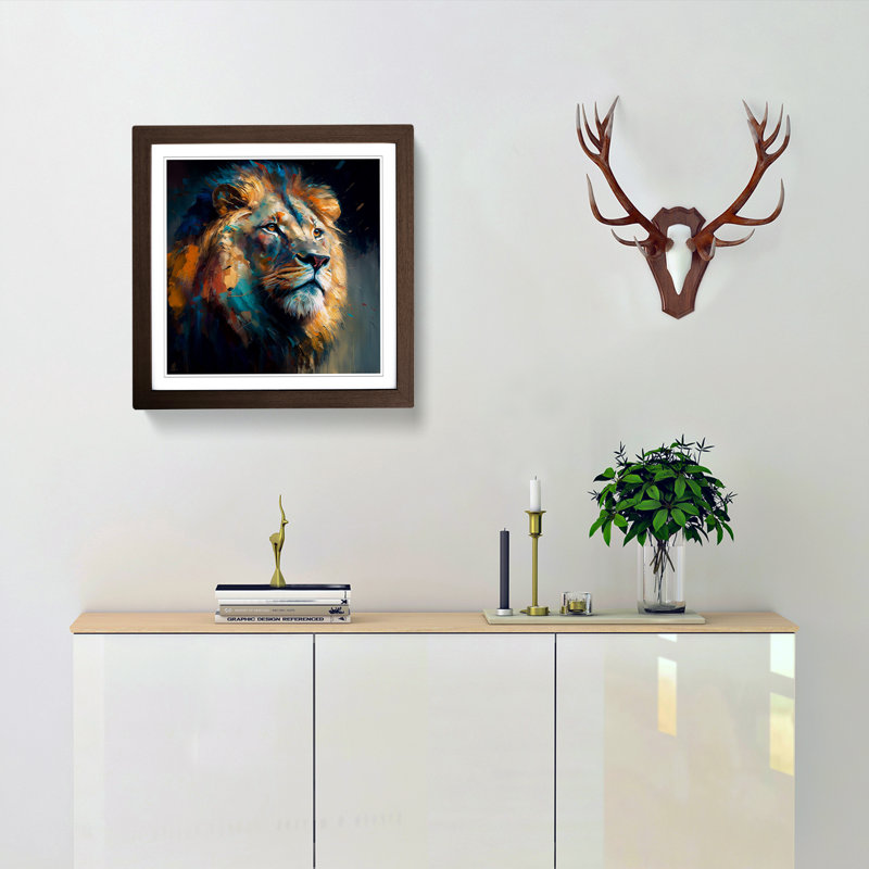 Lion Palette Knife Painting No.3 - Single Picture Frame Print on Wood, Walnut