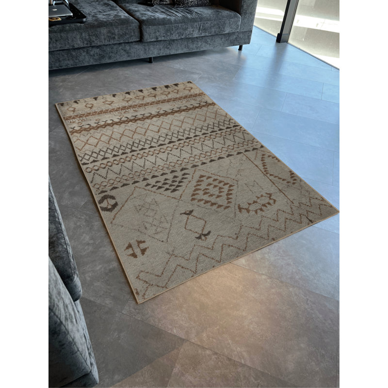Tapis décoratif moderne à motif géométrique abstrait beige, Rectangle 4 pi x 8 pi 3 po