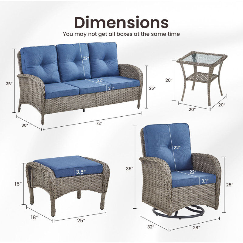 Valierius 6-Piece Outdoor Wicker Patio Furniture With 3 Seat Sofa & Swivel Chair, Coversation Set With Water Resistant Cushions