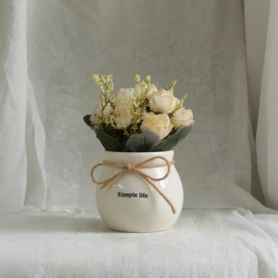Bouquet de roses artificielles avec vase en céramique, arrangement de fleurs en soie artificielle pour mariage, pendaison de crémaillère et décoration intérieure