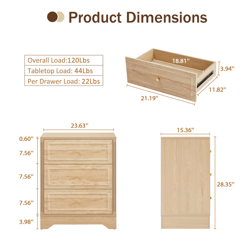Commode 3 tiroirs l 23,63 po, Naturel