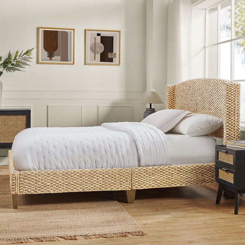 Boatwright 48.5'' H Rattan Farmhouse Wooden Wingback Bed with Solid Wood Frame, Queen, Natural