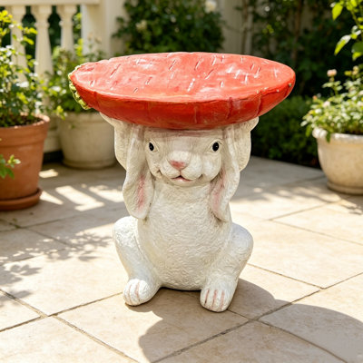 13.39" Resin Bunny Side Table with Carrot Top Tray, Hand Painted Red White Whimsical Rabbit Plant Stand, Weather Resistant Fade Proof Indoor Outdoor Accent Table for Cottagecore Farmhouse Garden Easter Kids Room Decor