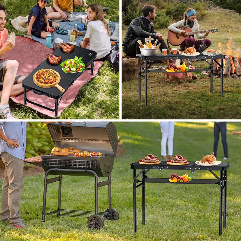 Aluminum Folding Camping Table - 3ft Tri-Fold, 3 Adjustable Heights (27.1in Max), 66lb Capacity with Storage Net, Black