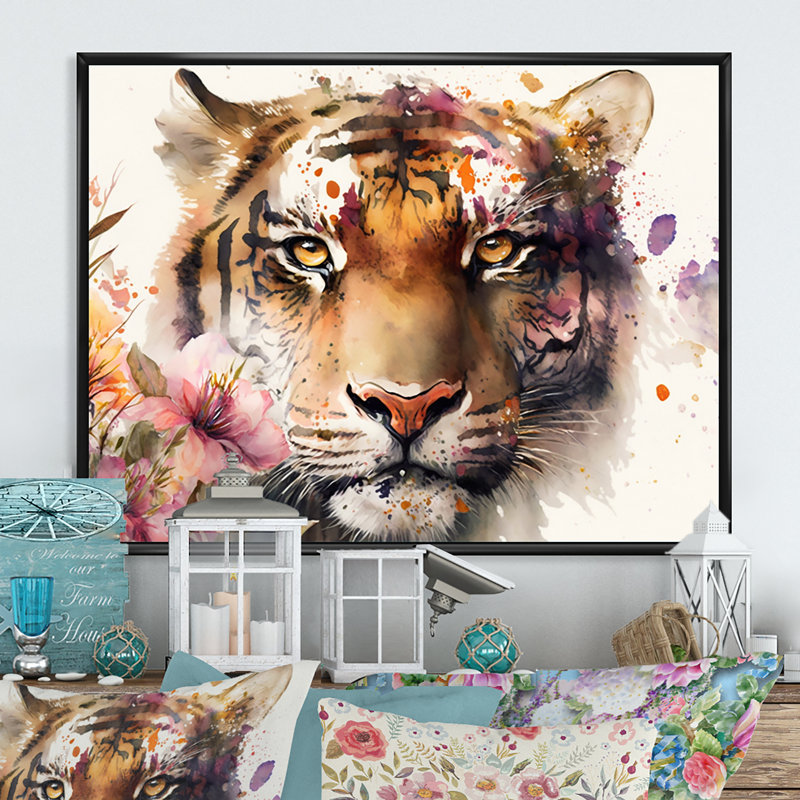 Portrait de tigre avec fleurs I - reproduction sur toile, H 30 po x l 40 po x P 1,5 po, Toile avec cadre flottant noir