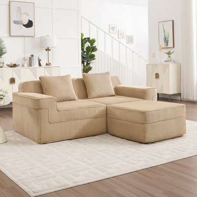 Modular 2 Seat L Shape Sectional Boneless Sofa With Throw Pillows And Movable Ottoman, Ideal For Family Lounging And Relaxing