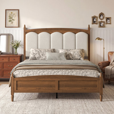 Queen Size Wood Platform Bed Frame, Vintage Farmhouse Bed Frame, Teddy Fleece Scalloped Upholstered Headboard, No Box Spring Needed, Noise-Free Sturdy Bed Base