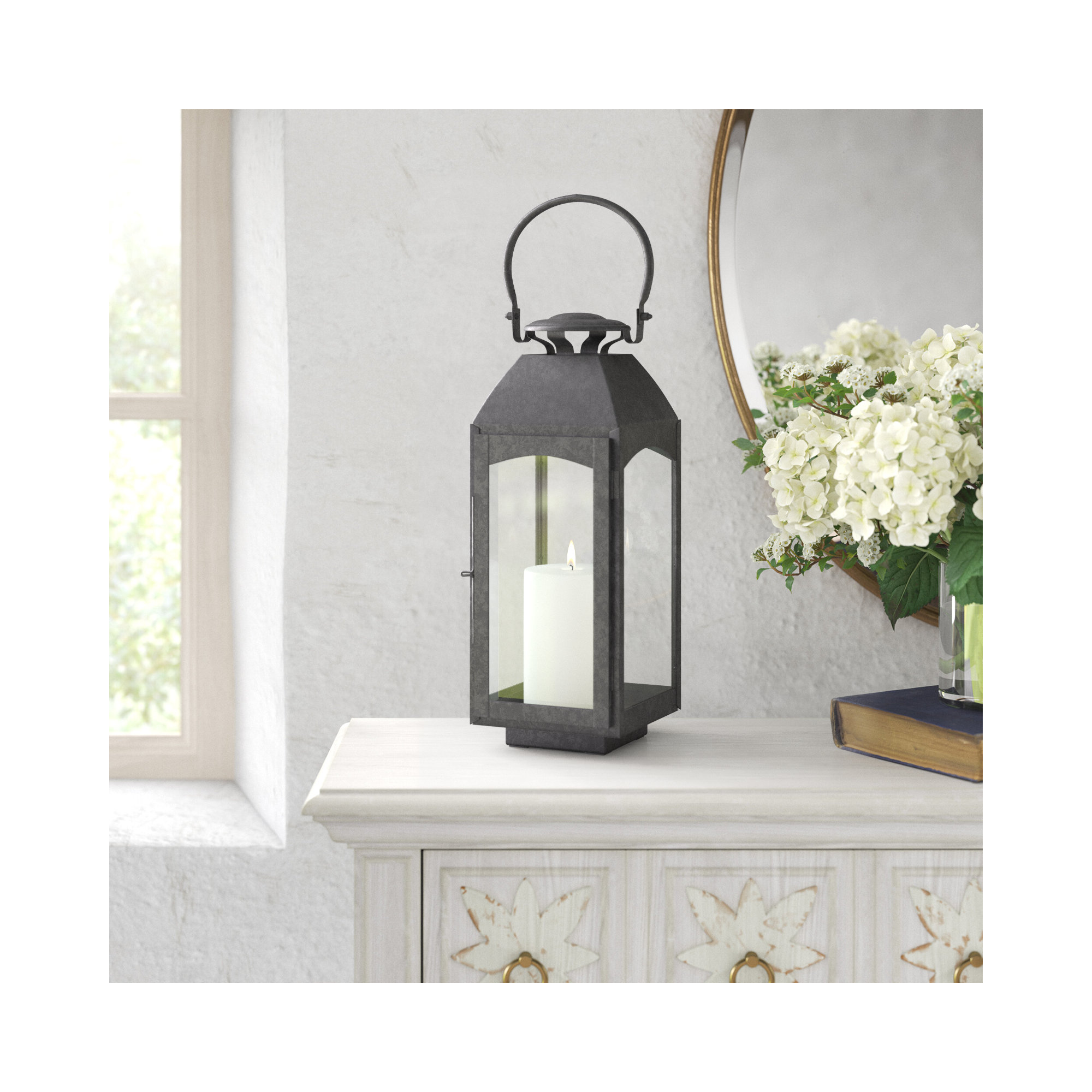 Furlane Iron Tabletop Lantern, Gray,  15.75" H x 6.5" W x 6.5" D