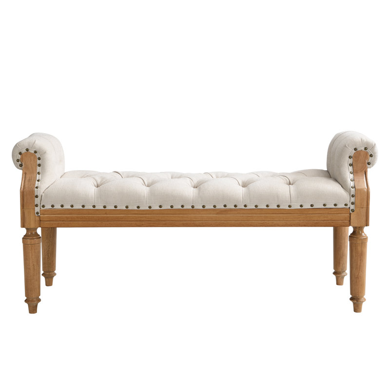 Banc rembourré en bois massif avec capitonnage à boutons et garniture cloutée Harrington, Lin beige / structure en teck