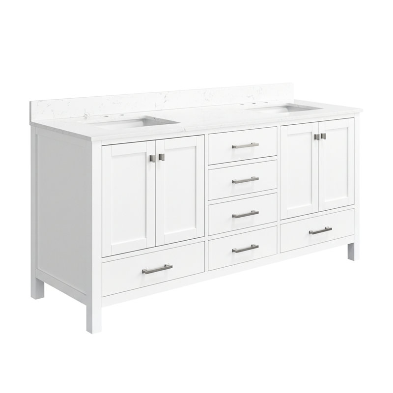 Meuble-lavabo autoportant de 72 po, base solide, 2 bacs blancs, armoire de rangement 72 po facile à installer, bois, lavabo blanc, conception épurée