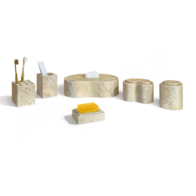 Gold Yellow Beige Natural Marble Bathroom Accessories Set, Natural Stone, Genuine Marble, Real Marble