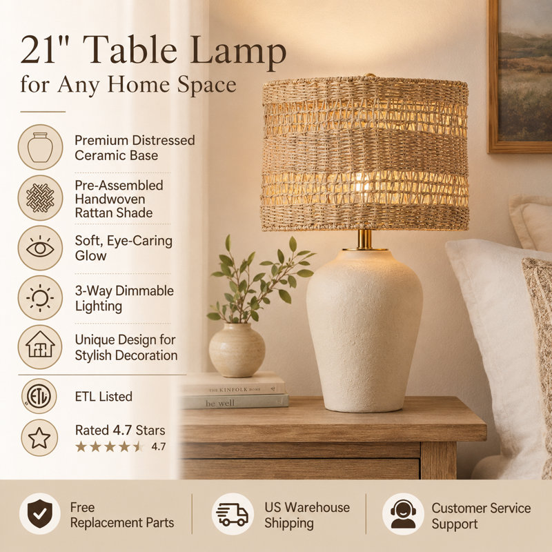 21" Boho Ceramic Table Lamp 3-Way Dimmable Handwoven Rattan Shade, Beige