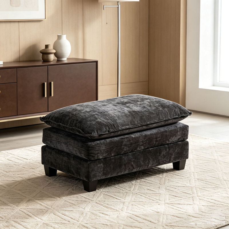 Cloud Chenille Ottoman With Double Layer Upholstered Seat Cushion For Living Room, Black
