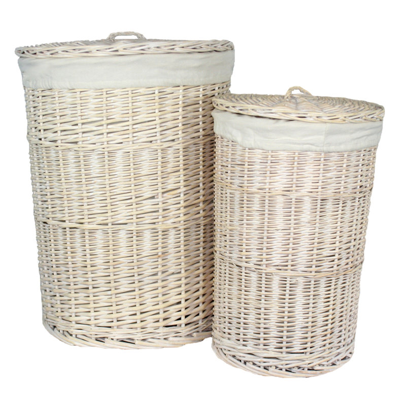 Wicker Round Laundry Hamper Basket with Lining, 50" H x 33" W x 33" D, Antique Wash/White