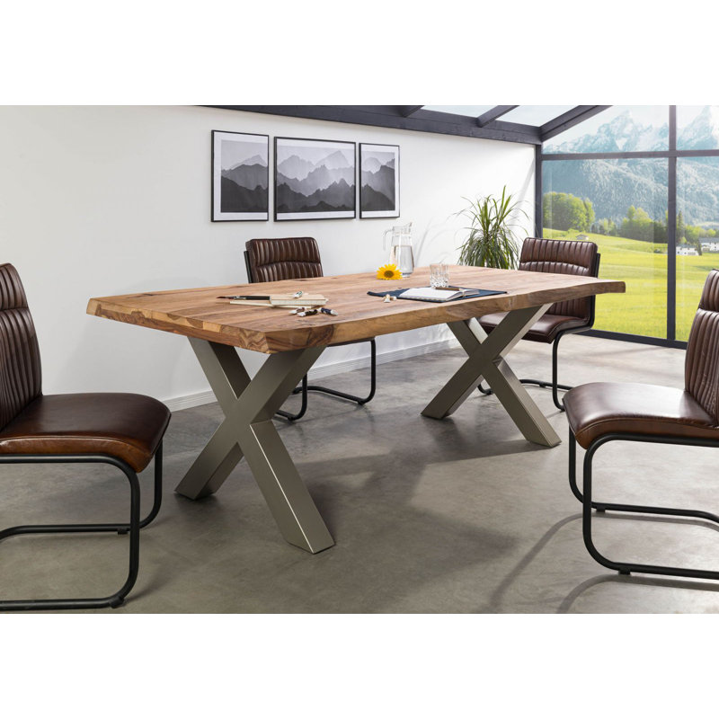 Solid Wood Top Metal Base Dining Table, 77 cm H x 180 cm L x 90 cm D, Silver, Beige