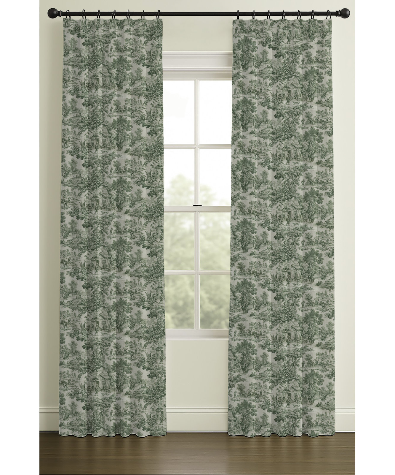 Murphy Toile Double-Lined Pleated Curtain, Green, 33" W x 108" L, Single Lining