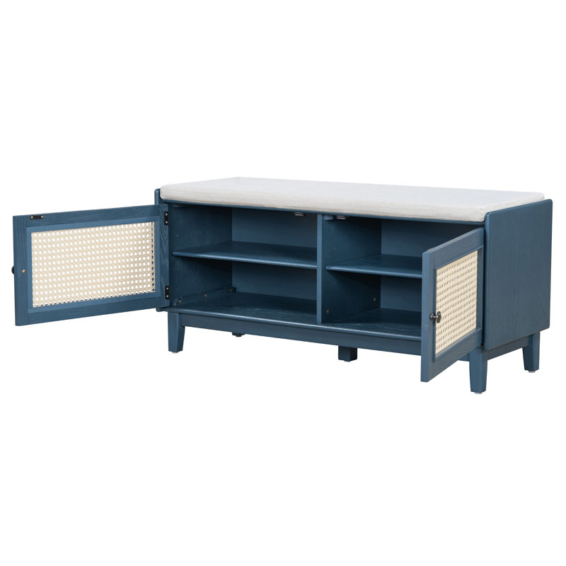 Boho Rattan Entryway Bench With Storage, Antique Navy