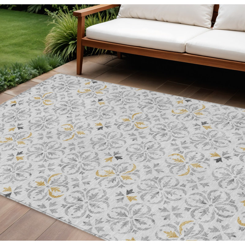 Tapis extérieur lavable floral à motif floral argenté et doré 8 pi x 10 pi