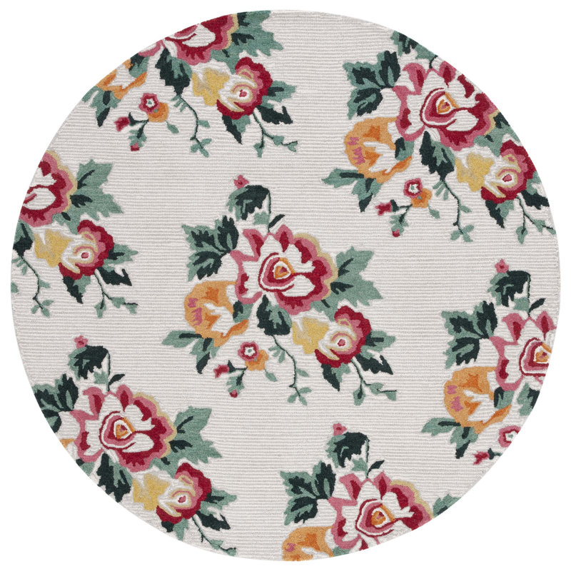 Akyrie Floral Handmade Tufted Wool Ivory/Red Area Rug, Round 6'