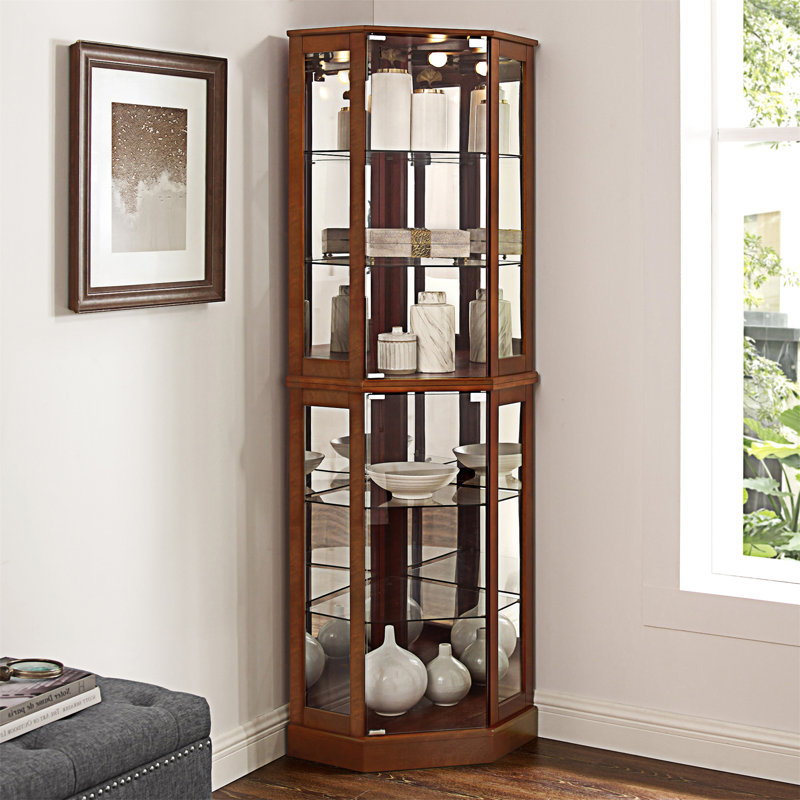 Walnut Lighted Corner Curio Cabinet with Tempered Glass Shelves
