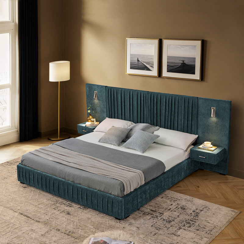 Queen Size Chenille Upholstered Bed With Bedside Table, Green