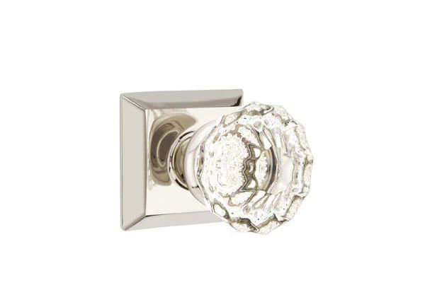 Ensemble de mortaise intérieure Emtek Passage avec rosette Quincy et poignée en verre Astoria (LH), Nickel poli