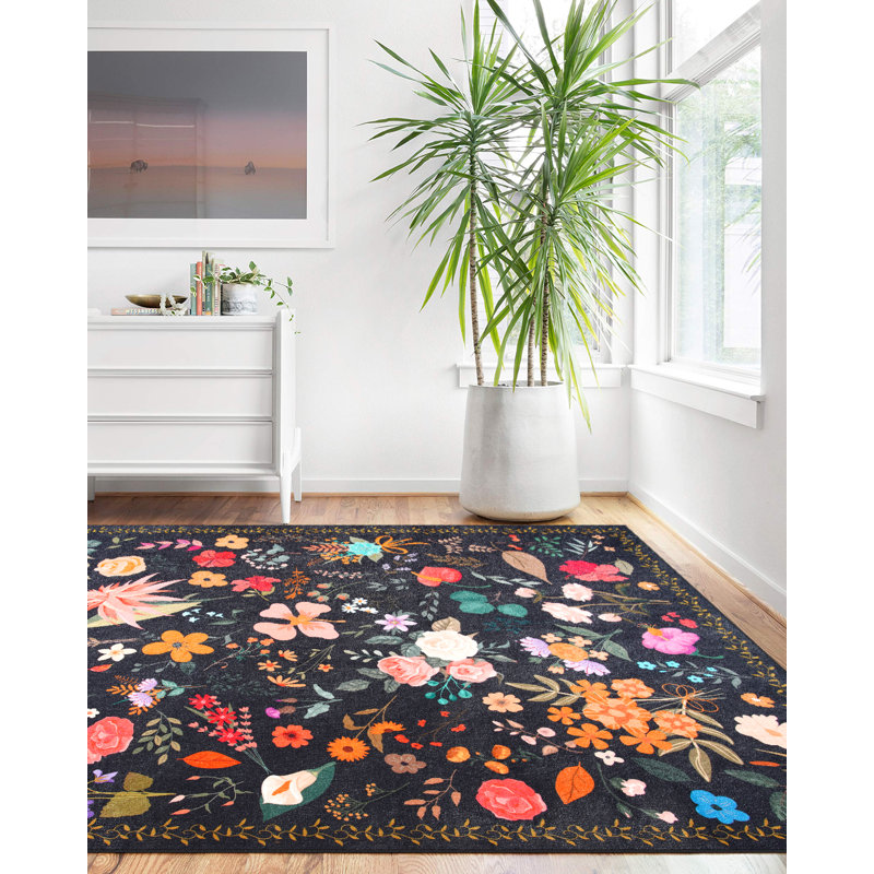 Groner Large Flower Living Room Rug Washable Bedroom Rug Non-Slip Colorful Vintage Accent Floor Carpet For Home Decor
