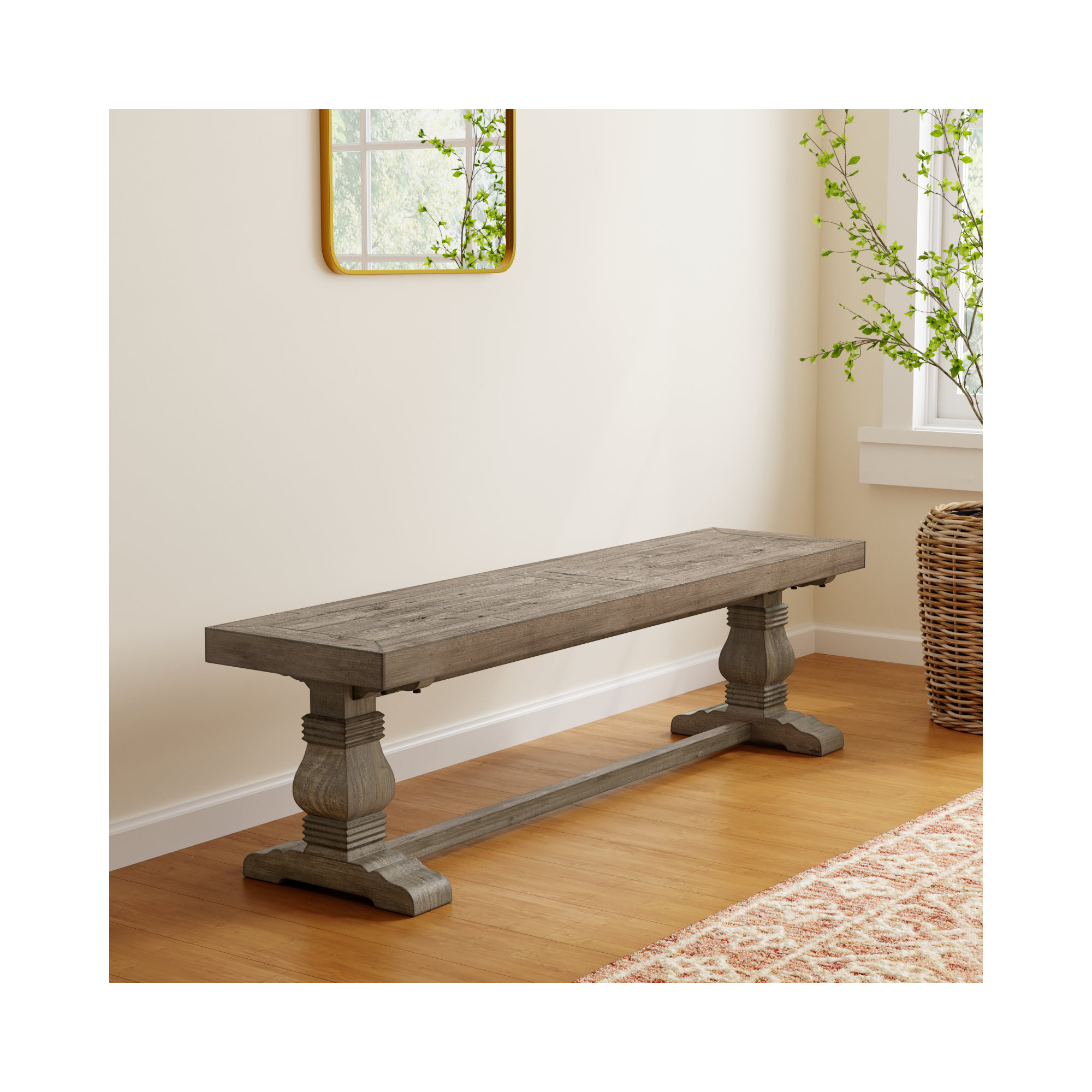 Kinston Solid Wood Bench, 18" H x 66" W x 16"D, Distressed Brown
