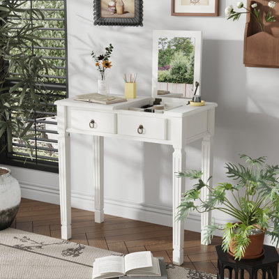 Vintage Solid Wood Vanity And Writing Desk With Flip Mirror & Storage Drawers