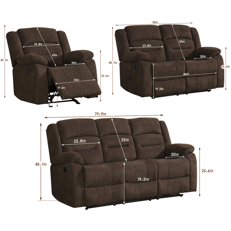Ensemble de salon inclinable 3 pièces Manneville, Brun