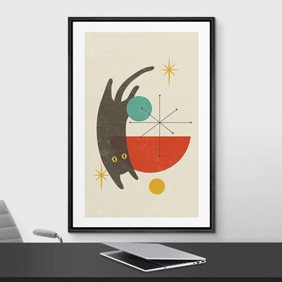 Dessin géométrique d'un symbole de chat noir, illustrations de formes d'animaux - peinture à cadre flottant sur toile