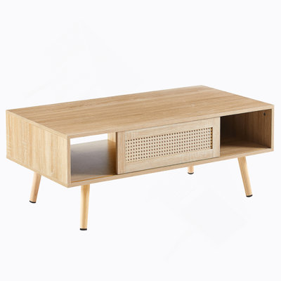 41.34" Rattan Coffee Table, Coffee Table, Wood Coffee Table, Modern Coffee Table, With Sliding Door Storage