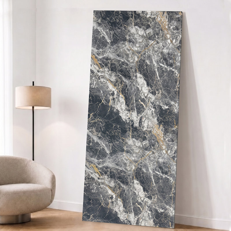 Panneau mural Falkirk Irvine III 4 pi x 9 pi UV Marble, Noir, blanc, veines dorées