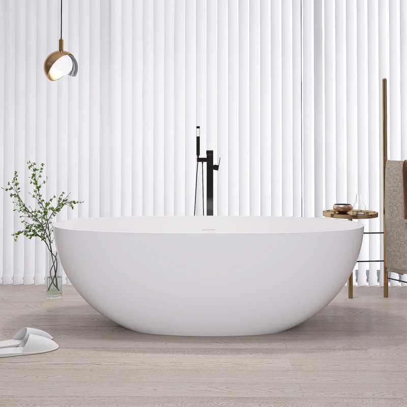 65.2 inch Freestanding Solid Surface Soaking Bathtub with Drain, Matte White