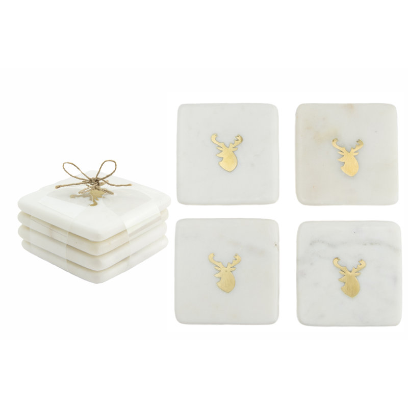 Dessous de verre carré en marbre blanc avec incrustation en laiton, motif tête de cerf, lot de 4