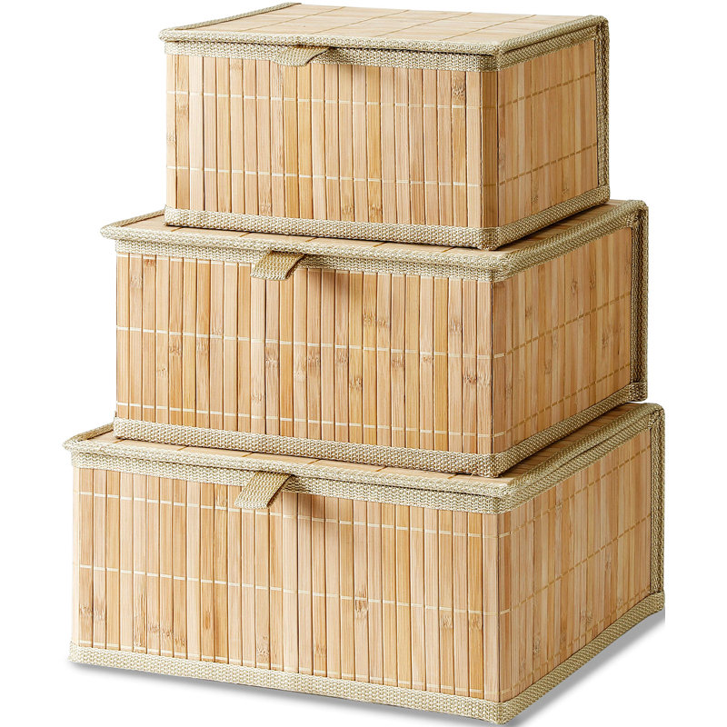 Ebern Designs Bamboo Decorative Bin, Wooden Beige