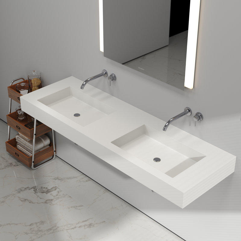 Lavabo de salle de bain mural double 59 po Medunjess, surface solide blanc mat, double lavabo mural, Aucun trou de robinet