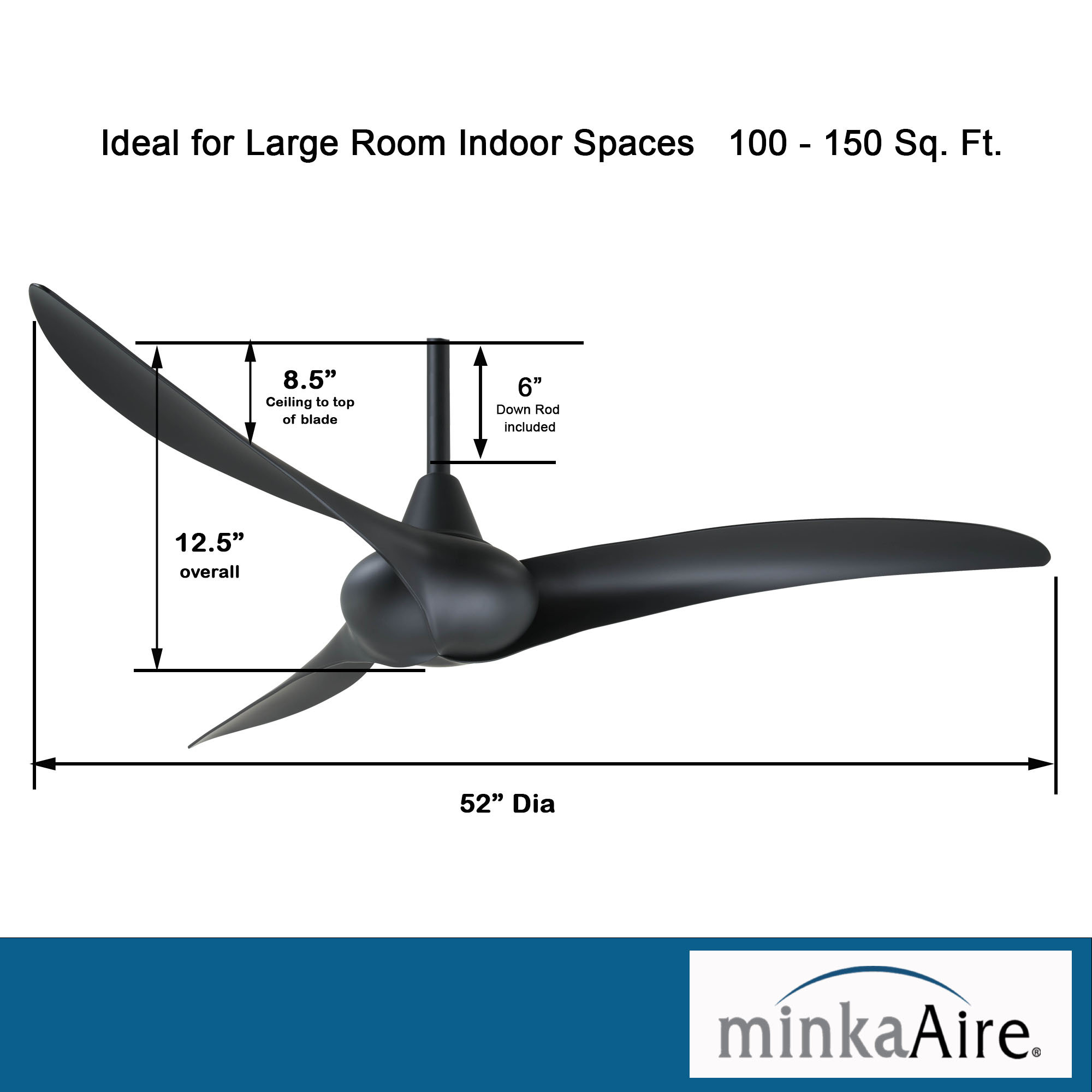 52" Wave 3 - Blade LED Propeller Ceiling Fan with Remote Control and Light Kit Included, Coal