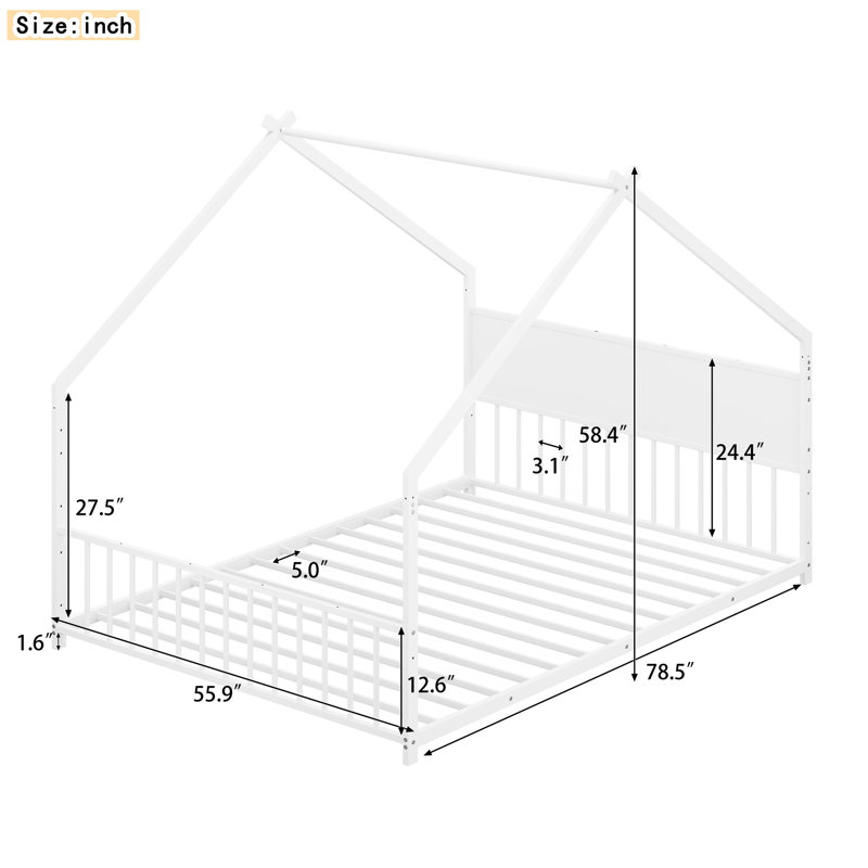 Lit maison avec pièces en métal - sans sommier, lumières pour (cadre blanc blanc, ressort, Lit double, Blanc