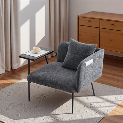 Fauteuil de loisirs, fauteuil de détente avec petite table et coussin de dossier, chaises rembourrées modernes avec pieds en métal et poches latérales, canapé simple pour le salon / la chambre / le jardin