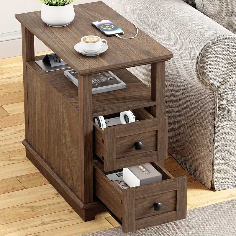 Ayame 2 - Drawer End Table With Storage and Fast Charging Station, Dark Walnut