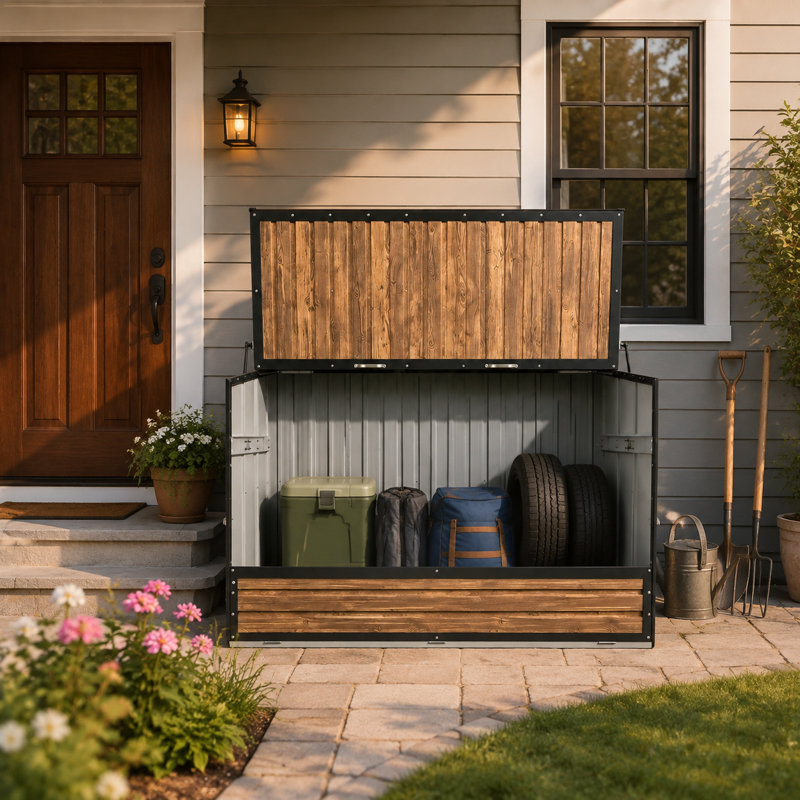 Remise de rangement extérieure en acier galvanisé gris anthracite et bois naturel avec couvercle relevable et porte rabattable, l 81,14 po de largeur, 79,46 pi³