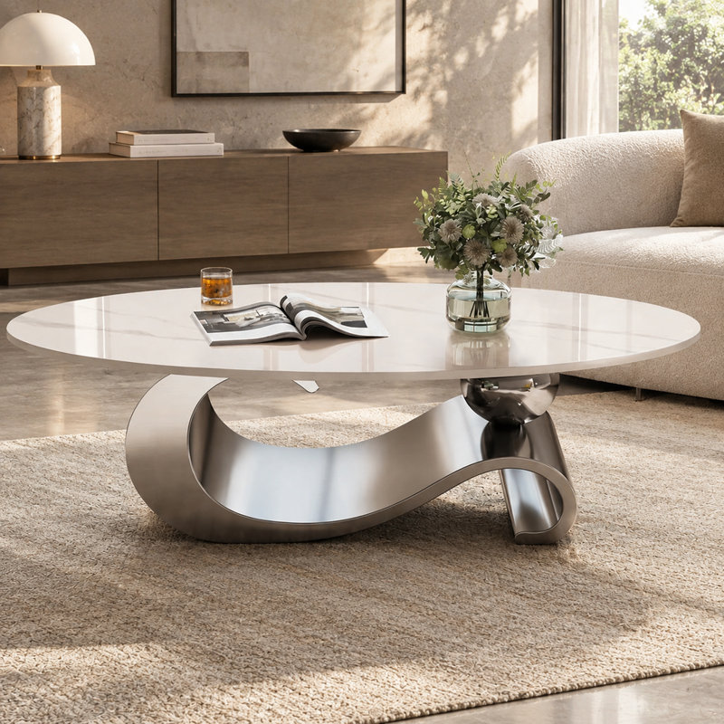 Table basse ovale contemporaine en imitation marbre avec piètement traîneau en acier inoxydable gris