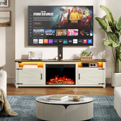 Meuble télé avec foyer, meuble télé pour téléviseur de 32 à 75 pouces avec station de charge à DEL, centre de divertissement avec rangement pour chambre à coucher, salon, 70 po