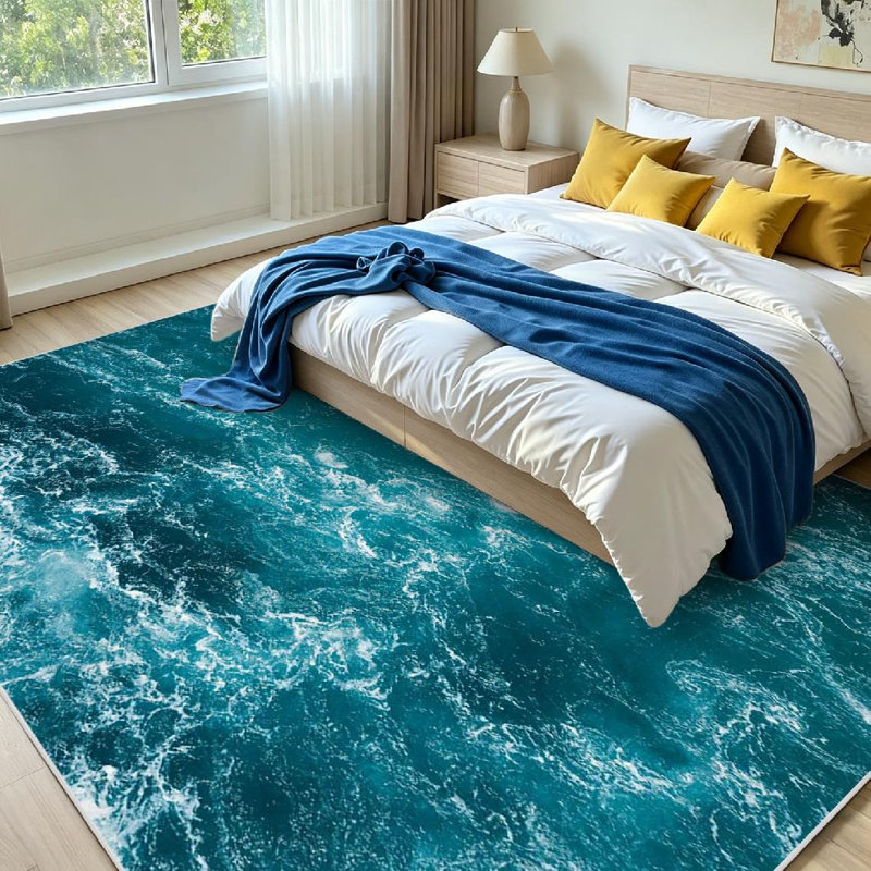 Tapis bleu abstrait lavable à la machine, vagues de la mer Méditerranée, Rectangle 79" x 118"