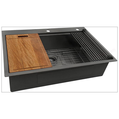 36 Inch Drop-in Workstation Kitchen Sink with Accessories, Gunmetal Black, 16 Gauge Stainless Steel, Single Bowl
