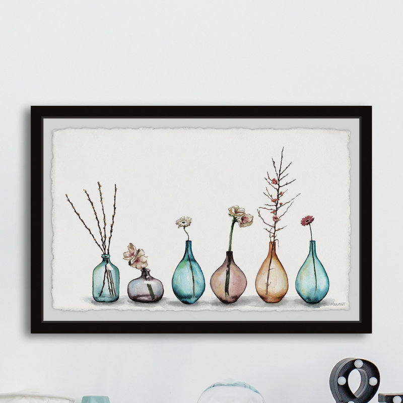 « colored bottles »-reproduction de peinture encadrée sur papier, H 20 po x l 30 po x P 1,5 po